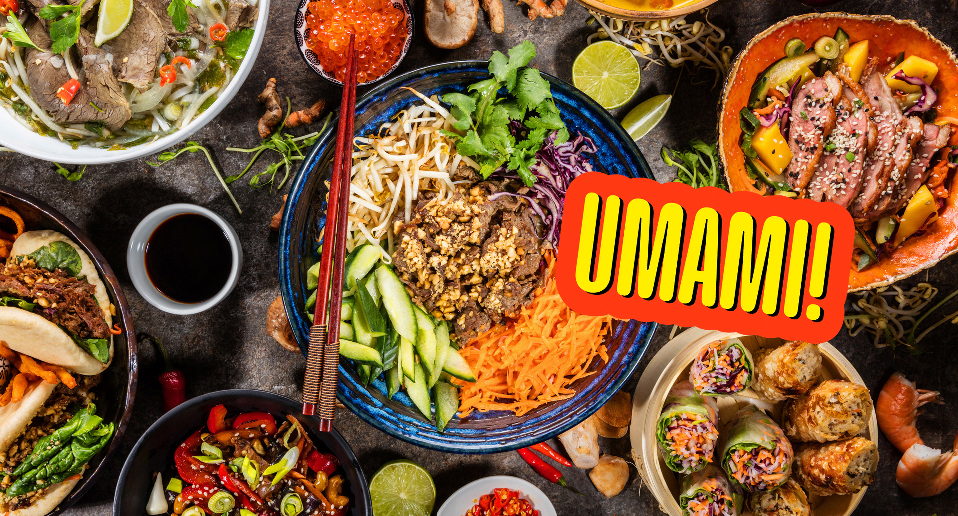 Top view composition of various Asian food in bowl